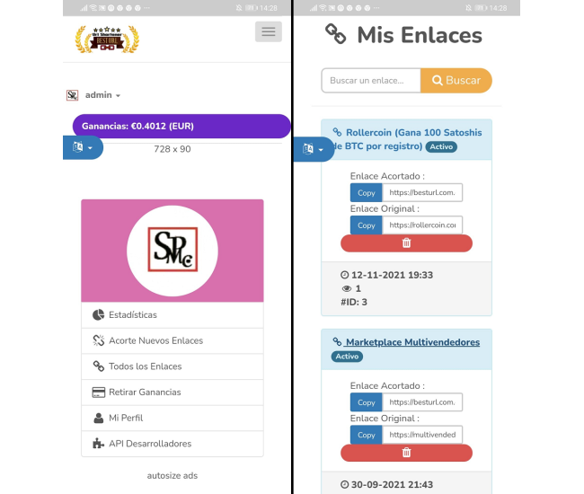 BestUrl. Acortar URL= Ingresos
